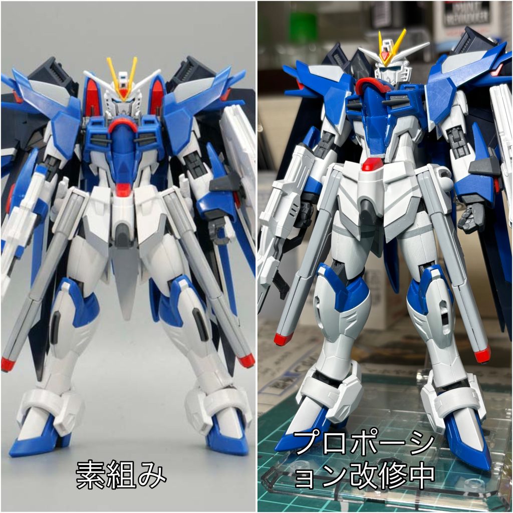 素組みとの比較です。首0.5mm、腰2mm、太もも2mm、足首2mm合計6.5mm延長。HGでこれだけ伸ばすと幼児体型気味から一気にモデルバリのスタイリッシュな体型になったかなと思います😁