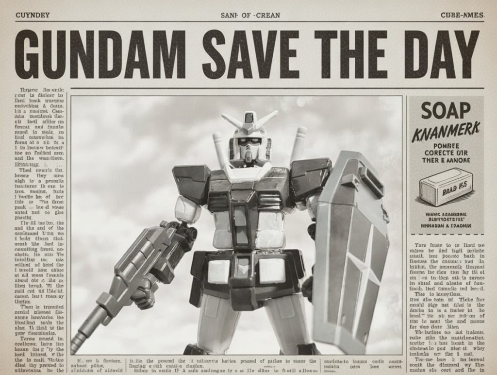 ムーンレィスを撃退した際に地元の新聞社が発行したトップ記事。自由と平和を守る英雄としてデカデカと報道された。