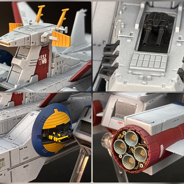 各ハッチの開いた状態や武装も塗装し、久々にしっかり墨入れ、デカール、陰影も少し強く入れてみました😃ホワイトベース自体はこれで完成！でも問題はここからで、全労力の2/3ぐらい艦載機のような…あまりの小ささに絶望しながら塗装順考え中です😅（4枚目）