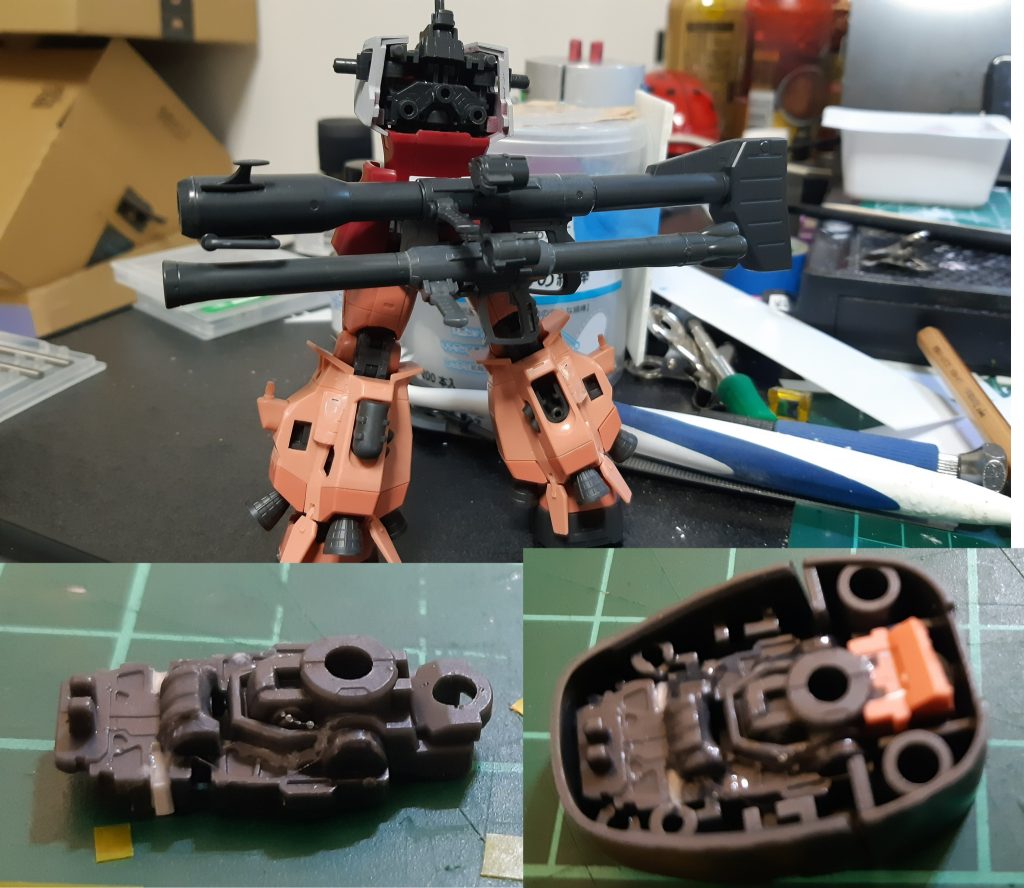 最初からやりたかったバズーカ２丁を腰に付ける工作ジャイアントバズはキットの取り付け位置にザクバズーカはアタッチメントを新規で作成しリアスカートの穴に刺しただがしかし・・・バックパックのバーニアが当たって取り付け不可能に・・・最初の設計で気づけバンダイｗでも上半身をもうちょい曲げれるように工作してたおかげでギリギリクリアランス確保できたｗんで出来る限りパーツ付けて立たせたら足の稼働緩い問題ですぐバタンと倒れる始末ｗ可動殺して接着＆釣りのガン玉を詰めれるだけ詰めたｗ