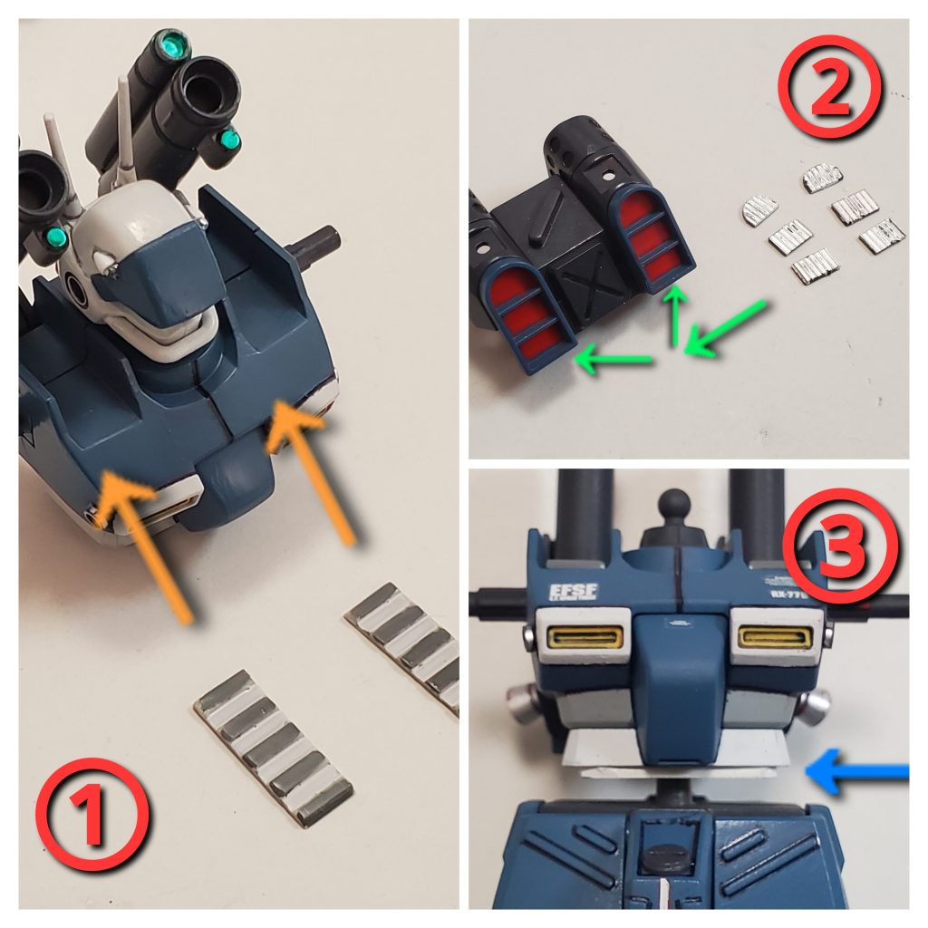 では今回のささやかな改修ポイント～🤩✨①キャノン砲の片口部分がディテール的に何もないと寂しいので段差があるプレートパーツを切り取り組み込みました😊②バックパックの吸気口？排煙口？部分のディテールもやはり無いので、市販のプレートをちっちゃく切り取り付けました🎵じいさんの目と手には細かくて厳しい作業でした～🤣💦③このキット、やはり胴体がほんの少しですが短く感じるので、上半身パーツの下に1.2㎜のプラ板を加工して当て込みました😎✨その他の改修としては、胸部ダクト周りと腕に僅かにスジ彫りを加え、腰裏にビームサーベルホルダーを増設してとります。