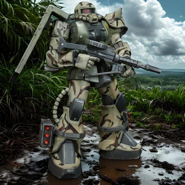 「密林が似合う迷彩ですね」とコメントを頂いたのでデジラマメーカーで合成してみました😁。迷彩柄ってこういう効果なんだって改めて思いました🤔、そして生成AIってスゲーって思いました😄。（2枚目）