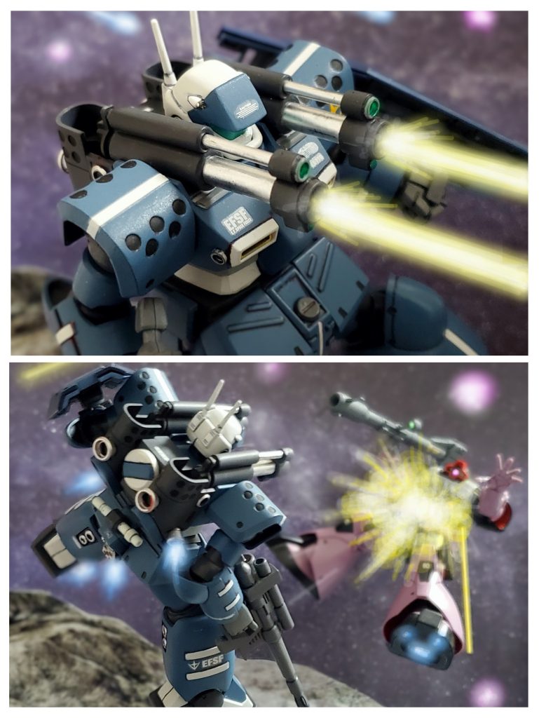 ビアンカ少尉の量産型ガンキャノンの240㎜キャノンが火を吹き接近するドムをまた１機撃破する‼️RX-77ガンキャノンと同様のビームライフル、キャノン砲を駆使して次々にジオン部隊の進入を食い止めるビアンカ少尉。しかし、オデッサ作戦の時以上の大規模な戦闘…綺麗な輝きがモニターに映るたびに知った仲間たちの無事を祈らずにはいられなかった…✴️