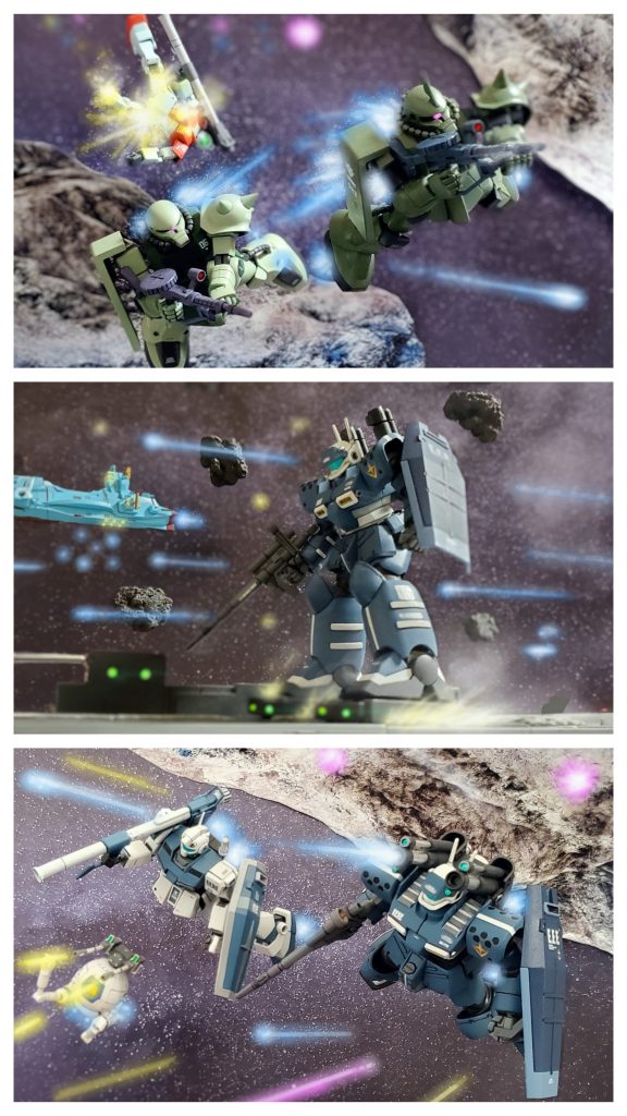 第3艦隊が主力艦隊を演出する中、ソロモンSフィールド方向にあるサイド1宙域では第2連合艦隊主力によるソロモン要塞攻略兵器『ソーラシステム』の設営が着々と進んでいた。だが、暗礁宙域に潜む伏兵部隊の有無を確認するためのジオン哨戒MS部隊が防衛MS部隊を突破❗そして主力艦隊の存在が察知されてしまう。ティアンム主力艦隊の潜伏報告を受けたドズル・ザビ中将は、温存していたグワラン艦隊をサイド1宙域に送り込む。ソーラシステム設置完了まであと10分。ジオン部隊の急襲に対しティアンム中将は各MS部隊の発艦を命ずる‼️スクランブルが発令される中、ビアンカ少尉の量産型ガンキャノンも発艦準備。そして射出ランプがオールグリーンとなり管制オペレーターがビアンカ少尉に声をかける。『少尉。作戦が終わったら、またジャズを聴かせてくださいね🎵』その言葉にモニター越しに笑顔で応えると、視線を前方に移し戦場での厳しい表情となるビアンカ。『ビアンカ・カーライル少尉。出ます‼️』次々に艦隊から翔び立つMS部隊。タイタン直轄護衛部隊も全機発艦。そして、デリス・ハノーバー中尉のジムから通信が入る。『全機散開❗１機もここをを通すなよ❗』設営部隊が戦闘に目を向ける事なくソーラシステムの準備に集中する中で戦闘は激しくなっていく💥