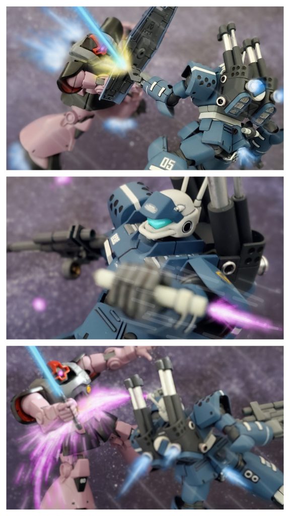 なおも艦隊に食い込んでいくMAとそれに付き従うMS部隊。これまでも追い込まれたジオン兵士の底力、士気の高さに幾度も恐怖を感じてきたビアンカ少尉。それを再び感じる事となる。MAの進行を邪魔させぬと言わんばかりに盾となり襲いくるジオンMS部隊。そして１機のリック・ドムが渾身の一振を叩き込む。それをかろうじてシールドで受け止めるビアンカ少尉。そしてガンキャノンは両断されたシールドを捨てながら腰裏部に装備されたビームサーベルを引き抜き、リック・ドムにめがけて真一文字に振るう。ビームサーペルは弧を描きリック・ドムの脇腹に刺さり、そのまま胴体に食い込みながら両断する❗