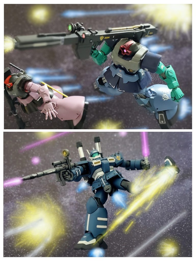 混戦となり近くにいるのが敵か味方かも判らないソロモン海。巨大MAを護るジオンMS部隊の放つ気迫は連邦軍MS部隊を恐怖に陥れていた😱そしてジオン部隊を撃破しながらMAに近づく直衛部隊に接近する新手のリック・ドム部隊❗その指揮官機と思われる機体は強力なビーム砲をガンキャノンめがけて放つ。ビアンカ少尉の量産型ガンキャノンは立て続けにくるビーム弾を回避しきれず、その一発を受け左脚部を失う。なおも接近してくるこのリック・ドムは桁違いに強いと直感したビアンカ少尉は、ロックオンが定まらない状態でビームライフルを放つ❇️