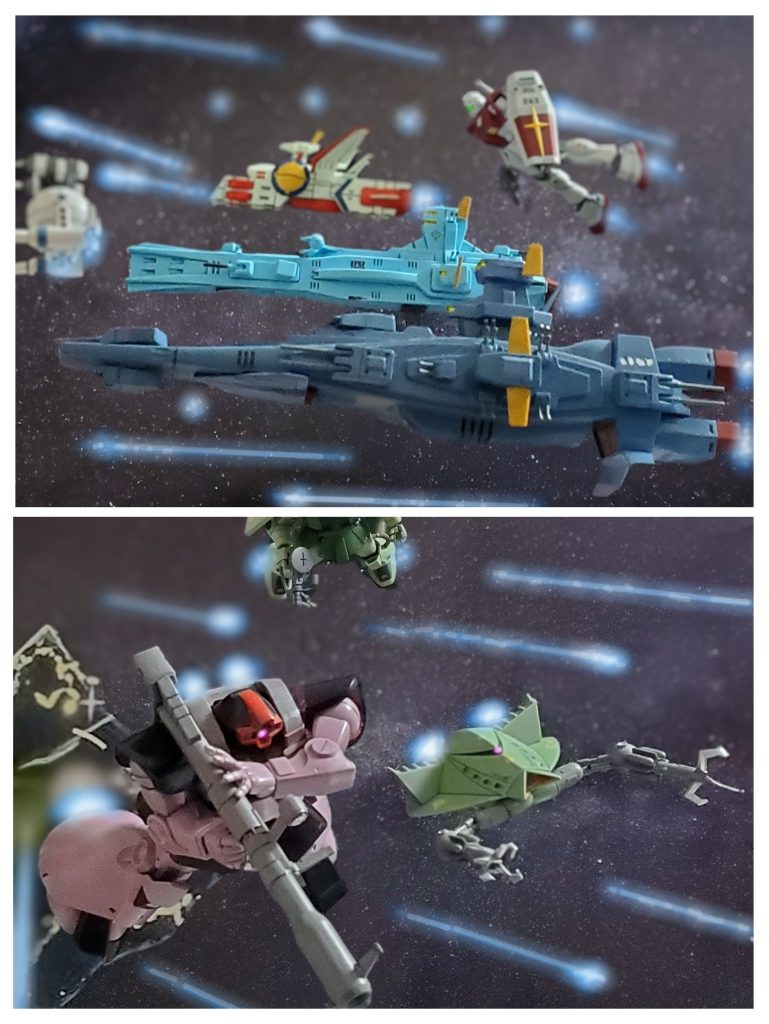 そして宇宙世紀0079年12月25日。ティアンム中将指揮する第2連合艦隊主導による『星１号作戦❇️』の初戦、ソロモン攻略作戦が開始された。宇宙要塞ソロモンに対し、サイド4宙域より進入したワッケイン大佐指揮する第3艦隊の陽動作戦で幕を開ける。第3艦隊はジオン側にティアンムの主力艦隊であると誤認させるため、初手からMS部隊を全て投入し大部隊の進軍を演じてみせる。これに対し宇宙要塞ソロモン指揮官ドズル・ザビ中将は多くの戦力を差し向け、ソロモンEフィールドエリアは激しい戦場と化す。そして戦火の中、第3艦隊司令ワッケイン大佐は激を飛ばす‼️『まだだ❗まだ沈んではならん‼️』