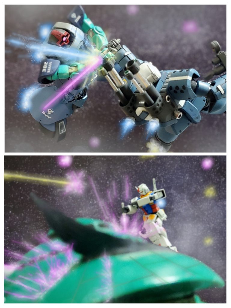 リック・ドムはビームライフル弾が当たらないと判っているかのように、回避行動もせずに接近。そして機体速度も乗せたヒート剣の一撃を繰り出す❗片足を失い機体バランスが維持できないビアンカ少尉は必死でビームサーベルでヒート剣を受け止める。コクピット越しにそのリック・ドムから忠誠心、もしくは強い信念を感じるビアンカ少尉…。このままでは墜とされるのも時間の問題であった。がその時。第3艦隊に組み込まれていた第13独立戦隊の噂に聞くガンダムが巨大MAに肉迫‼️そしてついに、MAに取り付いたガンダムは巨大な頭上にビームサーベルを突き立てる💥そして、二度三度振り挙げられたビームサーベルを受け、巨大MAは崩壊を始めた。この第13独立戦隊の活躍によりソロモン防衛部隊の抵抗も沈黙。海域に残存したジオン部隊もア・バオア・クー方向へと撤退を開始したのであった…。