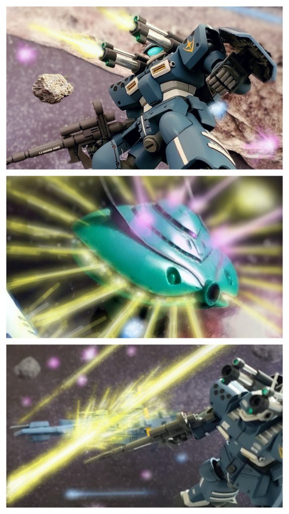 想定外の巨大モビルアーマーの出現により前線は混乱状態に陥り、通信機からは多くの指示を求める声や恐ろしさで悲鳴を上げる声が次々に聴こえてくる。接近する巨大MAに主力艦隊からメガ粒子砲が無数に撃ち込まれるが、MAはビームバリアを備えており、長距離ビームをこと如く打ち消す❗そして包囲を始めた連邦艦隊に対し全方位ビーム砲を一斉射。取り囲む艦隊を一瞬にして蹴散らすのであった💥圧倒的な力を見せつけるMAに連邦兵士の誰もが恐怖を感じる中、旗艦タイタンより直衛部隊各員に巨大MA撃破命令が下る。しかしその矢先、MAが放ったフロントのメガ粒子砲は守るべき旗艦を直撃‼️艦隊指揮官ティアンム中将を含め一瞬にして戦艦は消し飛ぶ…。沈みゆく艦を見ながら再び帰るべき場所を失ったビアンカ少尉は奥歯を強く噛みしめ悲しみに耐えていた。