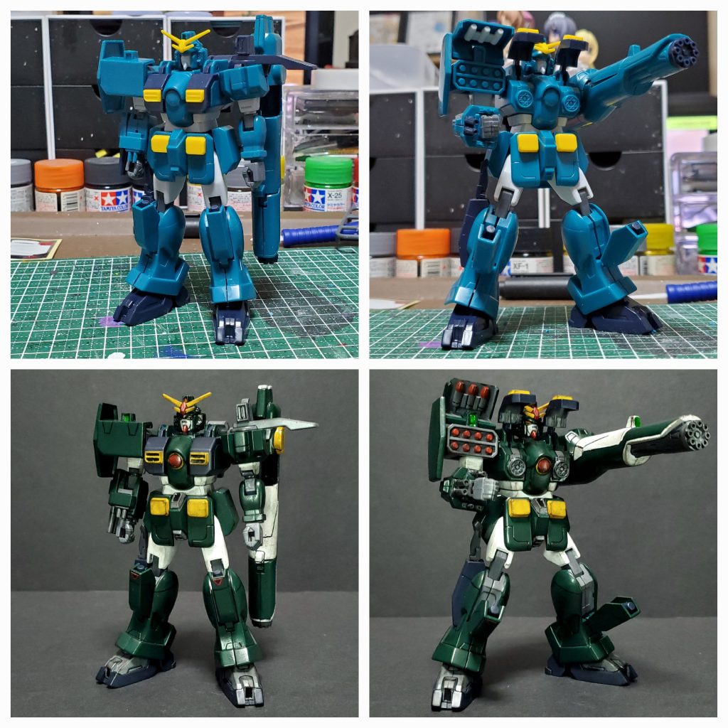 塗装前後。かなり明るい緑だったので暗い緑で塗装しています。