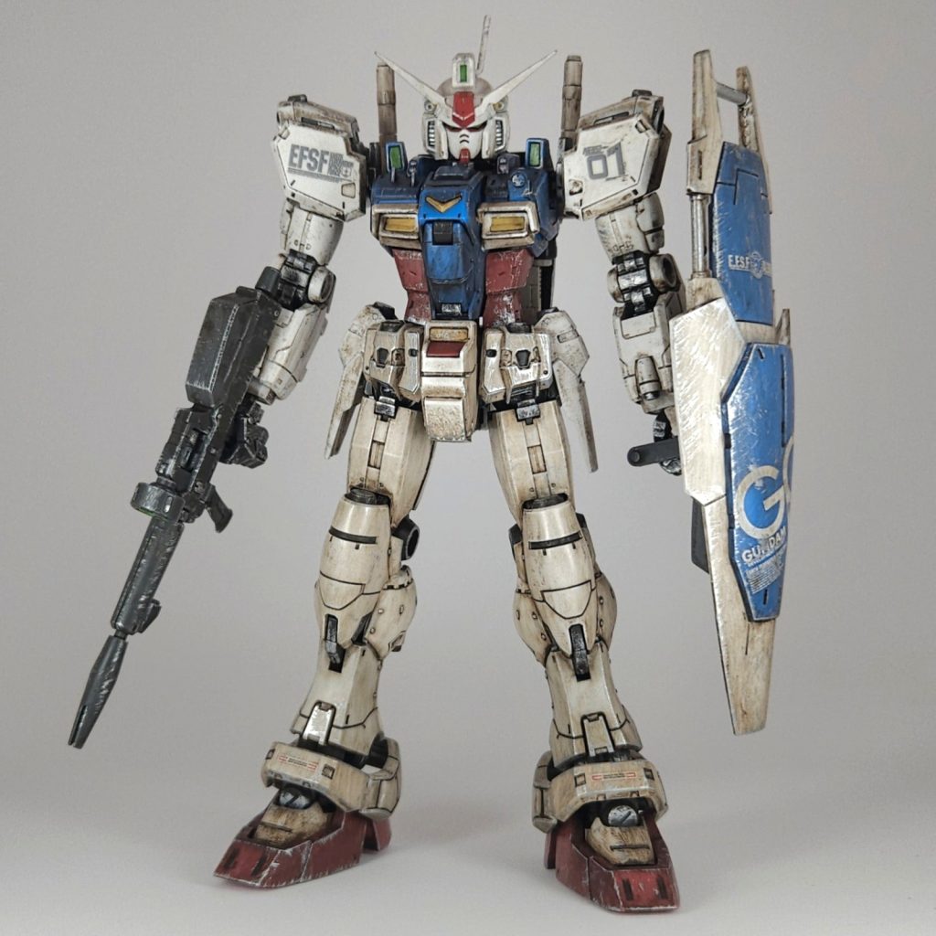 使用キット:RG 1/144 RX-78GP01 ガンダム試作1号機ゼフィランサスマテリアル1:タミヤカラー エナメル X-11 クロムシルバーマテリアル2:GSIクレオス WC02 Mr.ウェザリングカラー グランドブラウン