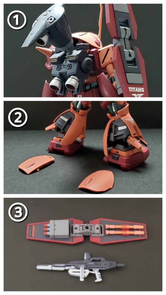 では今回の僅かな改修ポイント~🤭✨①フレキシブルブースター高機動型バックパックとして製作しました。ランドセル本体はジャンクのパワード・ジムのものを採用✨そこにフルバーニアンのコアファイター用のブースターポットを頂き一基のみ取り付けました🎵本当は2つ付けてフルバーニアンモドキにしようと思ったのですが、2つあるとかえって邪魔になりそうだったので止めました🤭💦②脚部アーマー開口可能脚部アーマーのパーツを途中で切断して開口状態を描けるようにしました💡取り外し可能にして追加ブースターでも付けようかと思いましたが、これもせっかくのマラサイのスタイルを崩してしまいそうだったので見送りました~🏴③追加武装ご覧の通りシールド裏に3連ミサイルポットを備えてみました。これは旧キットの武器セットのザクのフットミサイルの流用です🤭🎶ビームライフルは余剰していた旧HGUCのガンダムMK-IIのものを使いました👍️