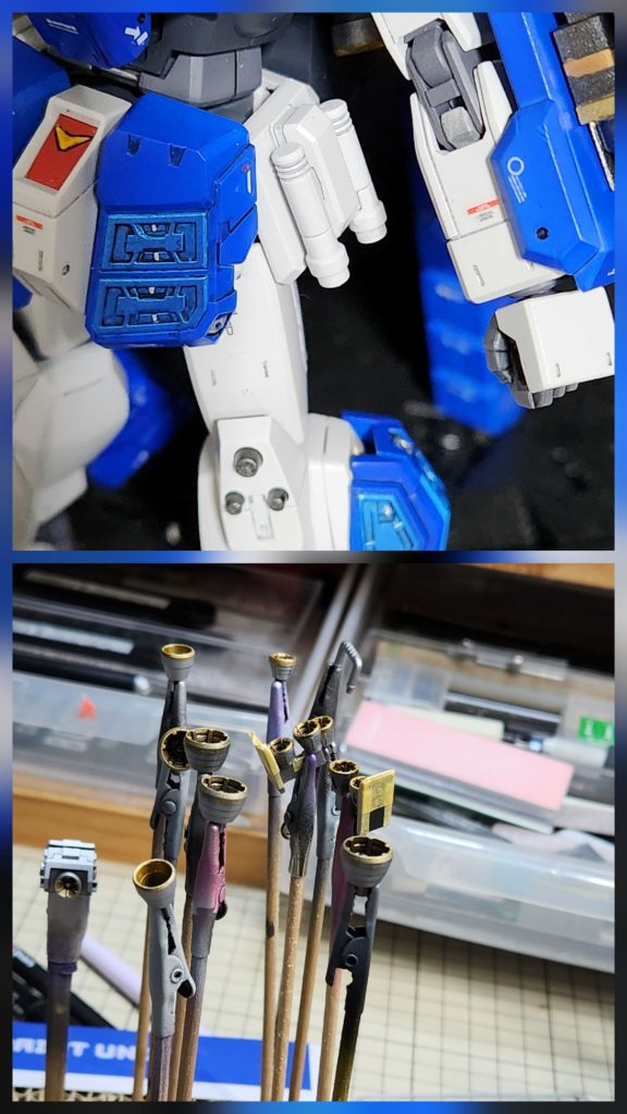 ふくらはぎにマグネットを入れたためビームサーベルを腰部に移動バーニアはガンメタを塗装後、内部と外周縁のみにクリアオレンジを筆塗りしてみました。