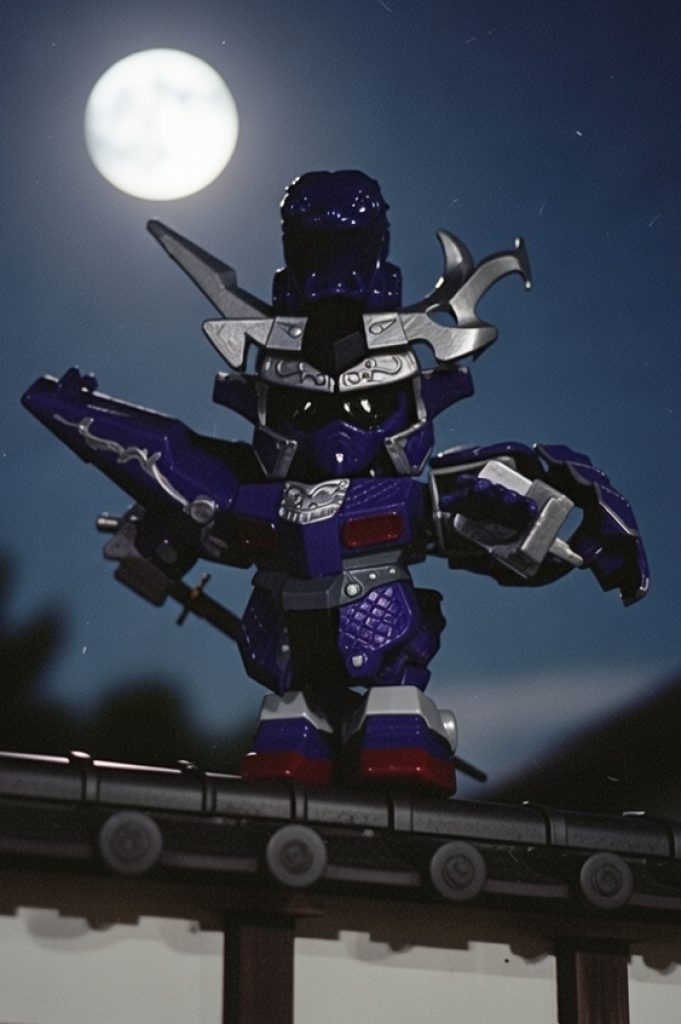 時代劇っぽく満月の光に照らされて塀の上に立つ農丸。