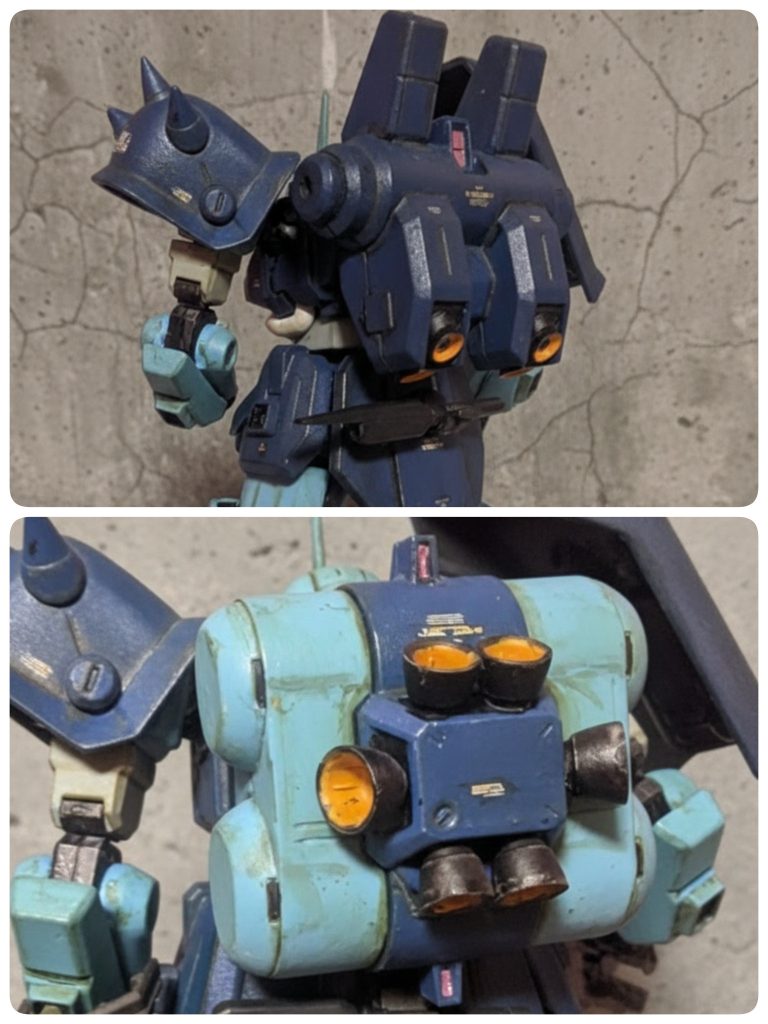 バックパックはトランスパックシステムの利点を活かしており、ギラ・ドーガの宇宙用標準装備のバックパックも取り付けることが可能です。ギラ・ドーガのバックパックは以前製作したHGサイコギラドーガの余剰パーツにハイザックカスタムに取り付けられるようにこれも以前製作したプチッガイのジョイント部をミキシング。なおハイザックカスタムのバックパックのスラスターもコトブキヤのバーニアをそのまま付けております。