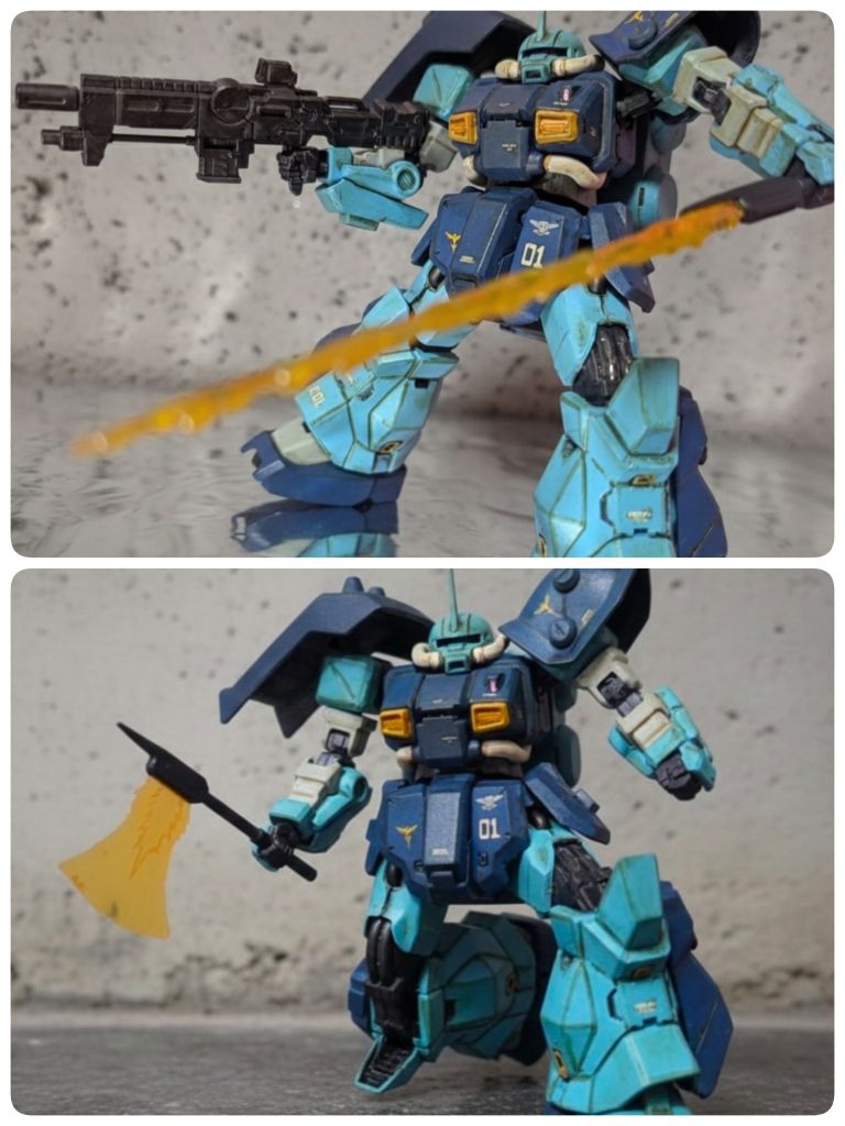 【武装⑤】ビームソードアックスギラ・ドーガ用の格闘装備。ソード、アックス、ピックと用途に応じて使い分けられる。その汎用性の高さからギラ・ドーガにもそのまま標準装備となった。これもHGサイコギラドーガのビームソードアックスを流用してます。なお、ビームソード刃はビルダーズバーツのエフェクトをビームソードアックスに取り付けられるように加工してます。