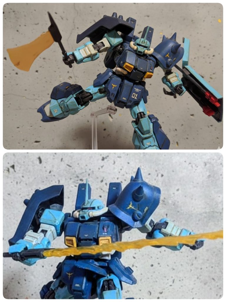 【アクション③】ビームソードアックスで。ビームピックのビーム刃は欠損していまっているので、今回はパスてす（涙）