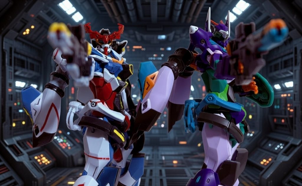 おなじみの構図。ちなみに撮影時はマチュとニャアンの身長差を表すためにジークアクスの背丈を若干低めにしている。