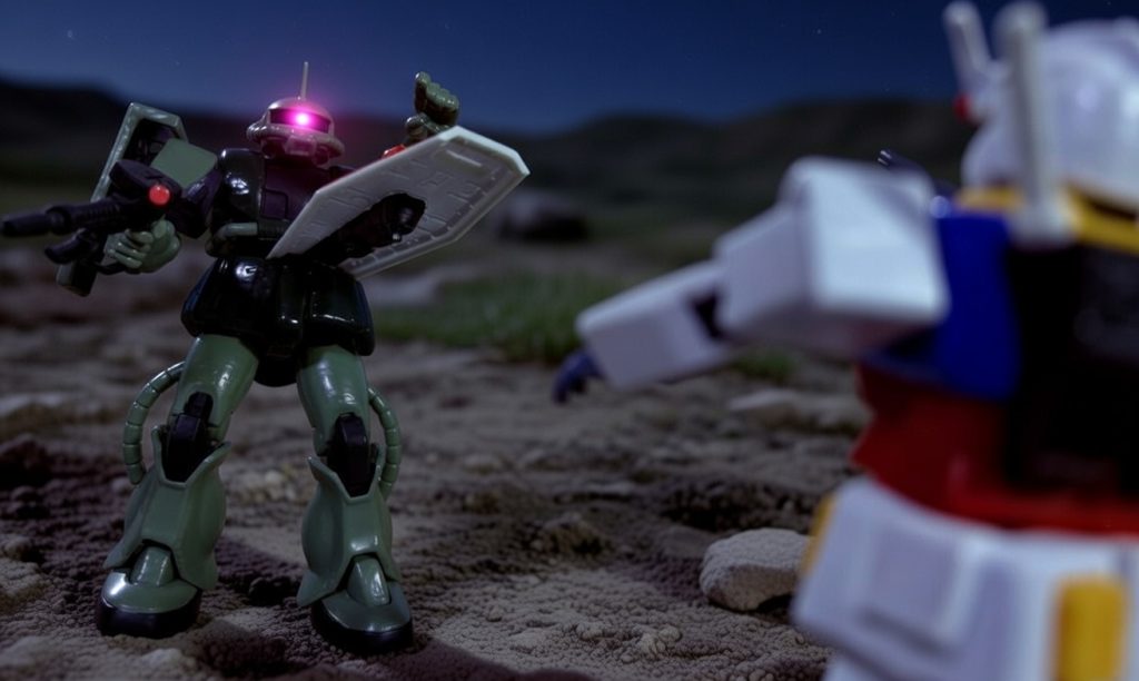 ジェシカ：こちらは北米のミード湖での夜間戦のワンシーンです。ガンダムがシールドをぶん投げてザクのコクピットに直撃させてますね。ユージ：僕野球が得意なので、思いっきりシールドを投げてやりました（笑）。