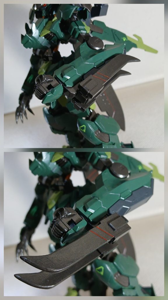 本家プレデターよろしく、リストブレードも取り付けてみました😸当初、本家の様に飛び出るスライド式にしようと思ったのですが、腕周りがごちゃごちゃしそうなのと、ルプスレクスの腕が大好きであまりいじりたくなかったもので、シンプルに回転式にしました。いやぁ、子供の頃にプレデターを見て、友達とダンボールで武器を作ってプレデターごっこをやってたことを思い出します😆楽しい時代だったなぁ～😹