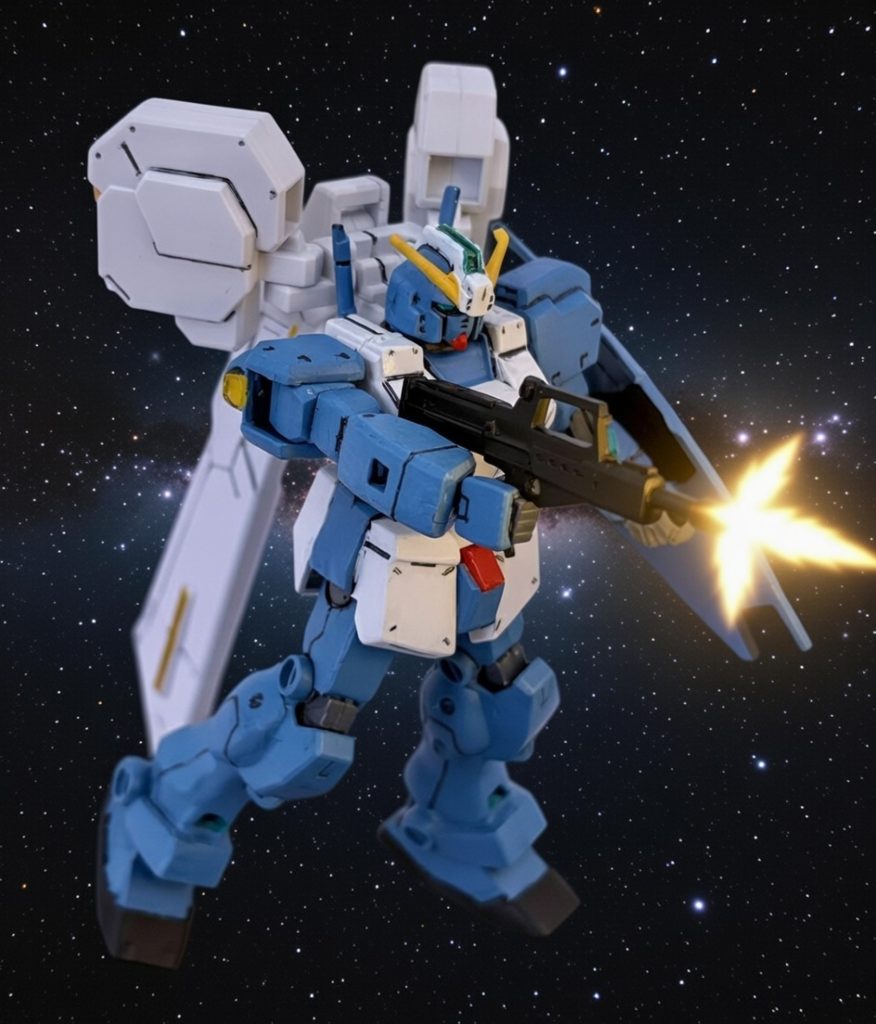 ジムライフルで狙い撃ち。ゲームによっては1発ずつ発砲だったり、マシンガンのように連射したりとまちまちな印象を受ける。