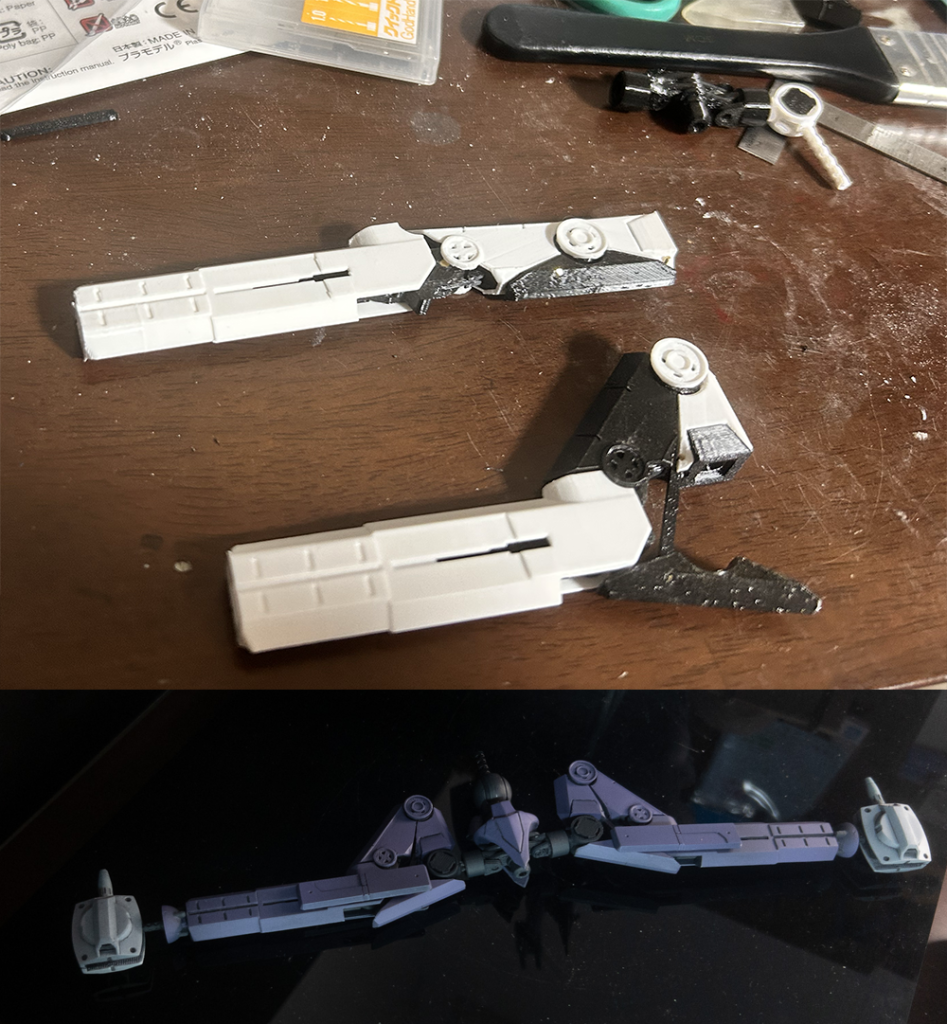 データ作成もひと段落し、いよいよプリントするかと思った１１月ROBOT魂キケロがの動画を見てたまげましたね...足の変形そうなってるんか！と全国のモデラーを唸らせた変形ギミックなるほど、おかしなパネルラインだなと公式サイトの画像を見て思ってたんだけど変形のためだったのか...このギミックを知る前にプリントが終わっていればよかったのに...知ってしまったら作るしかないじゃない！おかげさまでこのギミックを盛り込むための各所パーツ構成見直しに一ヶ月かかりました（去年末に公開予定が狂った原因）