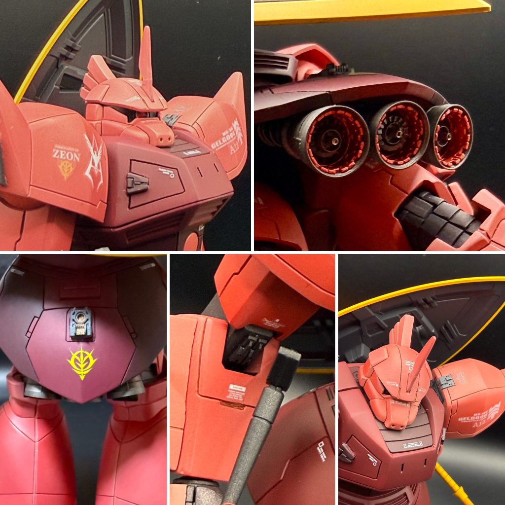 モノアイは光を拾いやすいスワロフスキーに変更バーニアはあすぱら模型さんやPLAISM FACTORYさんのパーツに換装していますディテールアップパーツは、肩や胸、肘、腰にそれぞれ貼り付けてみました