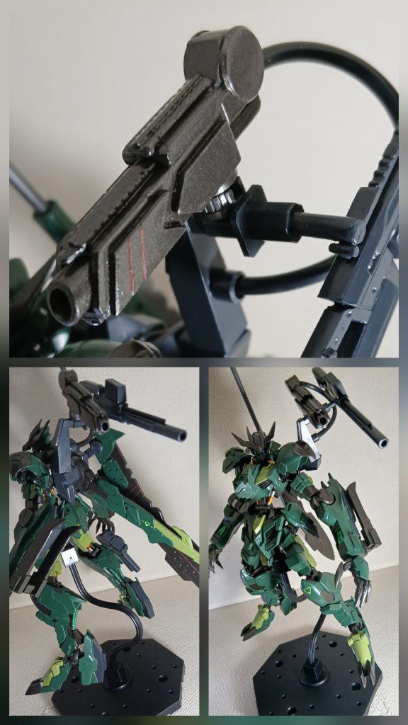横から後ろから狙い打ちできます😼あと今回のカラーリングですがミリタリー要素も入れたかったのでグフリアルタイプカラーっぽくしてみました。カラーレシピは主に、濃い緑部・(濃緑色１×タイヤブラック×つや消しブラック)ライトグリーン部・(ミドルストーン×イエローグリーン×タイヤブラック)ガンメタ部・(黒鉄色×ブラウン系)で調色しました。いずれも水性ホビーカラーです。タイヤブラックを混ぜることによって、程よくトーンを下げつつ滑らかな色合いにしてくれます😄私のおすすめカラーでございます😆今回も筆塗りです。