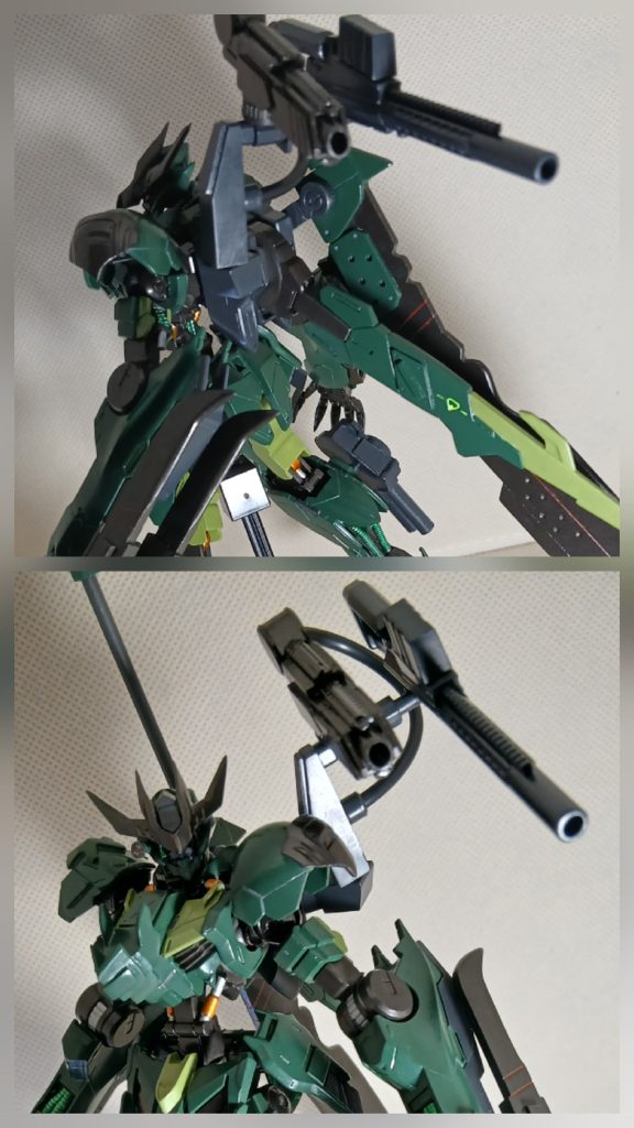 横から後ろから狙い打ちできます😼あと今回のカラーリングですがミリタリー要素も入れたかったのでグフリアルタイプカラーっぽくしてみました。カラーレシピは主に、濃い緑部・(濃緑色１×タイヤブラック×つや消しブラック)ライトグリーン部・(ミドルストーン×イエローグリーン×タイヤブラック)ガンメタ部・(黒鉄色×ブラウン系)で調色しました。いずれも水性ホビーカラーです。タイヤブラックを混ぜることによって、程よくトーンを下げつつ滑らかな色合いにしてくれます😄私のおすすめカラーでございます😆今回も筆塗りです。