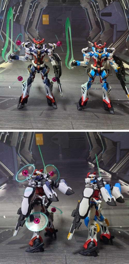 拙作の通常版HG GQuuuuuuXとの比較。■塗装レシピ白∶グレーサフ→パープルヘイズ→光沢→つや消し青：黒サフ→アマゾンブルー→光沢→つや消し赤：グレーサフ→MSレッド→光沢→つや消し赤茶：グレーサフ→ダルレッド→光沢→つや消し黄：白サフ→黄橙色→光沢→つや消しグレー：グレーサフ→ニュートラルグレー→光沢→つや消し黒：黒サフ→メタリックブラック→つや消し首関節：黒サフ→つや消しヒートホークグリップ：黒サフヒートホーク本体：黒サフ→ブライトガンメタル→つや消しヒートホーク刃：黒サフ→ブライトガンメタル→ガンダムマーカー・シャインシルバー→ガンダムマーカー・メタリックオレンジ→つや消し→ガンダムマーカー・クリアー光沢ビームサーベル刃：根元にベースホワイト→先端側にメタリックグリーン→光沢ブラックホールエフェクト光球・光輪：光沢ブラックホールエフェクト光球内部：黒サフツインアイ、センサー類：キット付属シールを使用その他墨入れ・部分塗装：ガンダムマーカー各種