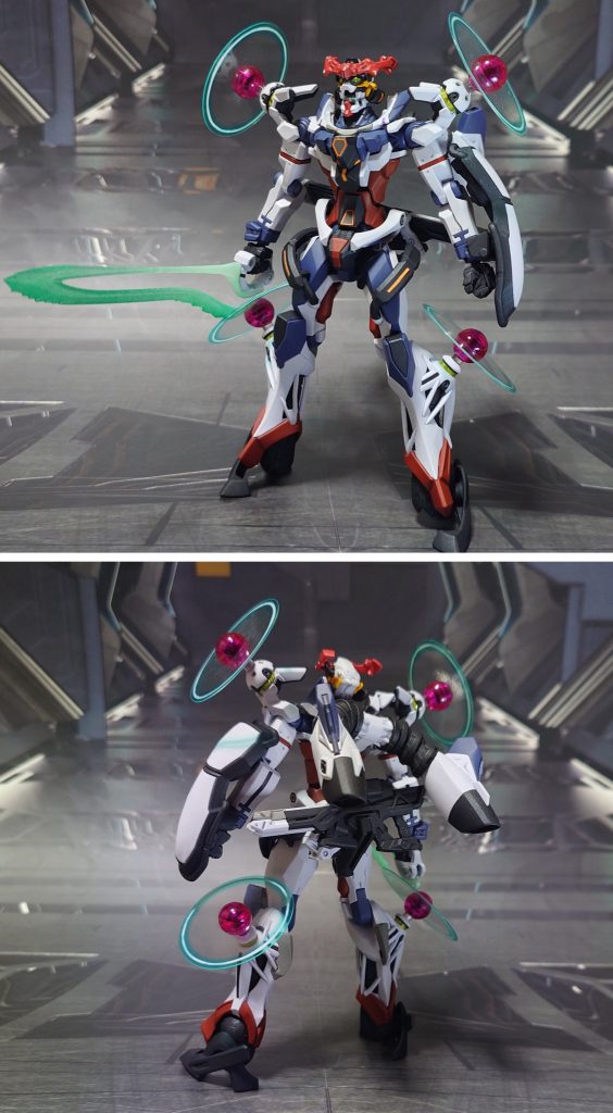 GQuuuuuuX(エンディミオン・ユニット覚醒時)の前後ろ。工作は、ゲート痕処理、パーティングライン・段ズレ・ヒケの対処、面出し、孔開け、合わせ目消し、市販パーツ貼り付け・埋め込みによるディティールアップ、及び一部ディティールを削り落としてディティールダウンを実施。