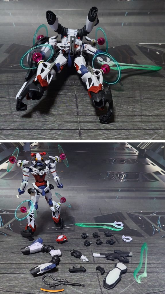 下からのアングルと、付属品一式。手首は前回と同じくキット付属の武器持ち手・平手に加え、握り手を用意。HGBCスカルウェポン付属の、クロスボーンガンダム用握り手に、GQuuuuuuX平手の甲を移植して用意しました。