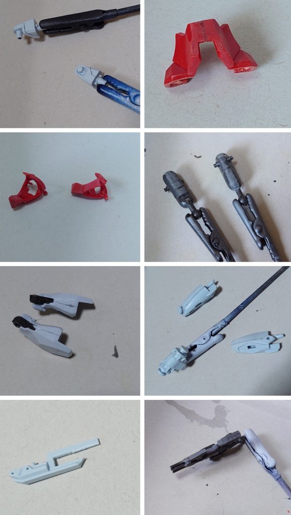 合わせ目消しとビームライフル先端の後ハメ加工の様子。合わせ目消しは腹部後ろ側、太腿後ろ側、脛内部パーツ、脚の裾の赤いパーツ、バックパック、ビームライフルに実施。脛の側面と足裏は、今回も合わせ目や肉抜き穴ではなく、そういうディティールだと解釈することにしました。