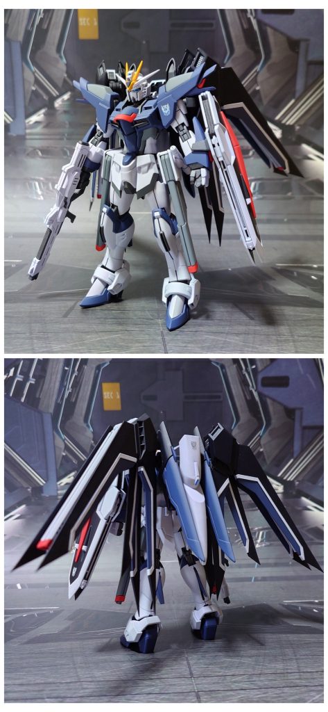 ライジングフリーダムガンダムの前後ろ。工作は、ゲート痕処理、エッジ尖らせ、パーティングライン・段ズレ・ヒケの対処、面出し、合わせ目消し、肉抜き穴埋め、穴開け、市販パーツ貼り付け・埋め込みによるディティールアップ、可動軸への真鍮線埋め込みを実施。今回も塗膜剥げ警戒、変形機構は使わないこととして一部パーツを加工しました。