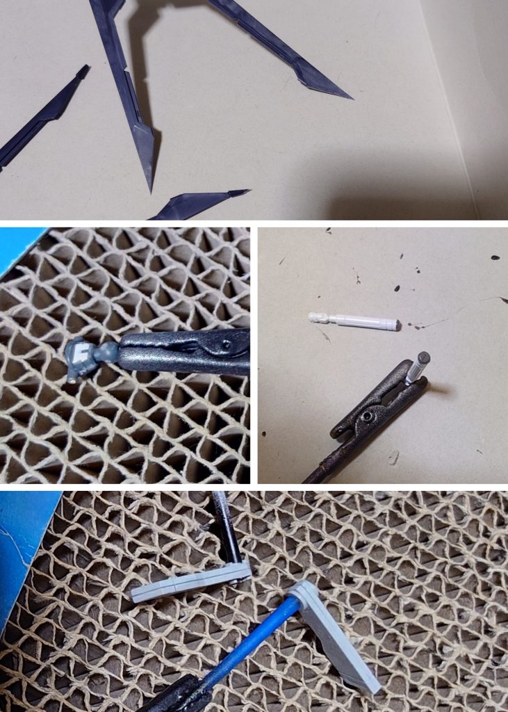 合わせ目消しと肉抜き穴埋め、ディティールアップ工作の一部。合わせ目消しは、腰レールガン(ヴァイパー3)後側に実施、他は必要な箇所だけ段落ちモールド風に偽装。肉抜き穴埋めは、首関節裏に実施。