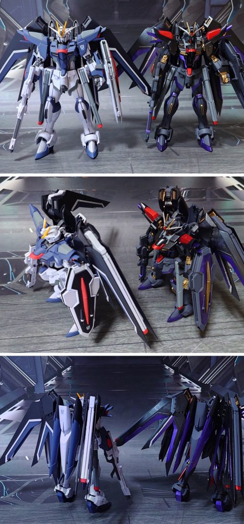 ライジングフリーダムから塗り替えた拙作、“ディセントフリーダムガンダム”との比較。https://gumpla.jp/hg/1800423&nbsp;■塗装レシピ白：パーツ裏側に黒サフ→パーツ表側に白サフ→パープルヘイズ→光沢→つや消し青：黒サフ→アマゾンブルー→光沢→つや消し濃青：黒サフ→ダークブルー→光沢→つや消し赤：グレーサフ→MSレッド→光沢→つや消し黄：白サフ→黄橙色→光沢→つや消しグレー：黒サフ→呉海軍工廠グレイ→光沢→つや消し関節類グレー：黒サフ→ブライトガンメタル→つや消しシールドジョイント類：黒サフ→光沢ビーム刃エフェクト：先端側にメタリックレッド→根元側にベースホワイト→全体に蛍光ピンクビームシールドエフェクト：ガンダムマーカー・光の翼ホロブルー→光沢センサー類：キット付属のシール、市販のシール素材を使用翼ライン白：キット付属シールにパープルヘイズ→光沢→つや消しフラッシュエッジ3展示用ジョイント：黒サフ→光沢→つや消しその他墨入れ・部分塗装：ガンダムマーカー各種