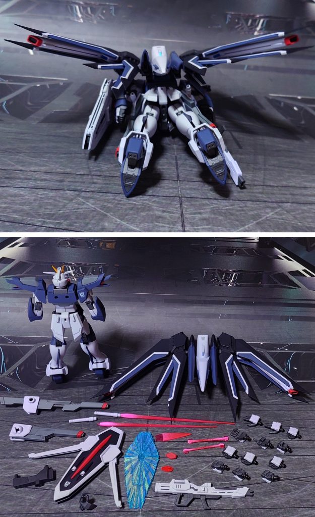 下からのアングルと、付属品一式。手首は30MMオプションパーツセットのものに置き換え。ビームサーベルグリップは連結用の凸を削り落とし、ディティールアップパーツに置換して連結機構を無くしました。