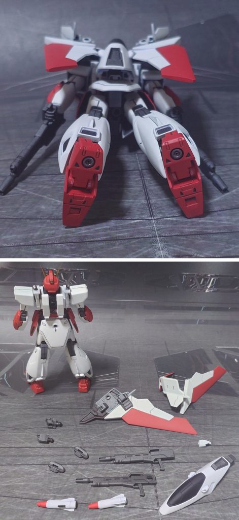 下からのアングルと付属品一式。手首が左右銃持ち手しか付属しませんが、基本的にバスターライフル2丁持ちしかしないので、特に手首の差し替えや追加はしませんでした。