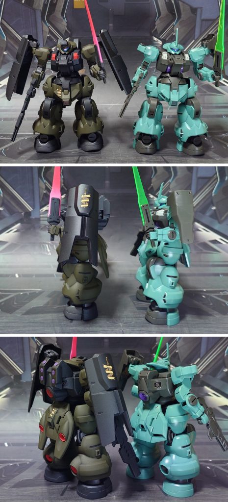ベース機となるディランザ(一般機)との比較。■塗装レシピ緑：黒サフ→オリーブドラブ→光沢→つや消しグレー：黒サフ→軍艦色→光沢→つや消し黒：黒サフ→メタリックブラック→つや消し赤：グレーサフ→MSレッド→つや消し関節類グレー：黒サフ→ガンメタル→つや消し武器類グレー：黒サフ→MSグレー連邦系→つや消し頭部センサー：キット付属シールを使用→光沢ビームカタナ刃エフェクト：MSレッド→蛍光ピンクその他ビーム刃エフェクト：先端側にメタリックレッド→根元側にベースホワイト→全体に蛍光ピンクその他墨入れ・部分塗装：ガンダムマーカー各種