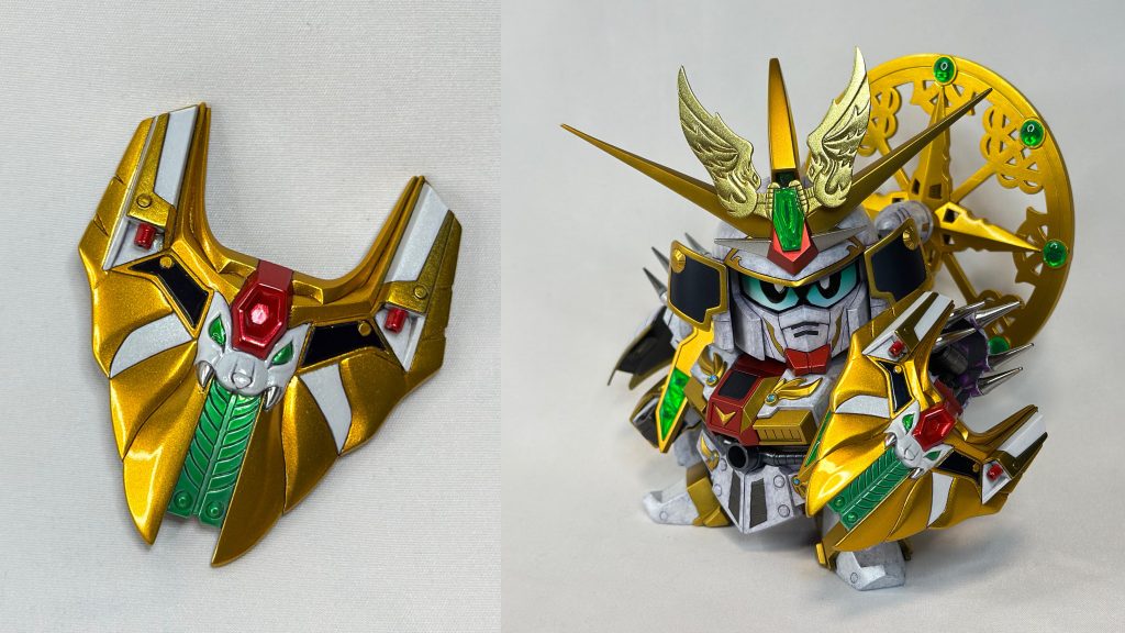 獅王神。大きな改造はしておらず、キットのディテールを生かすためのスジボリを追加しています。今回一番マスキング工程が多かったパーツです。懐かしのスプリングギミックはオミットしています。