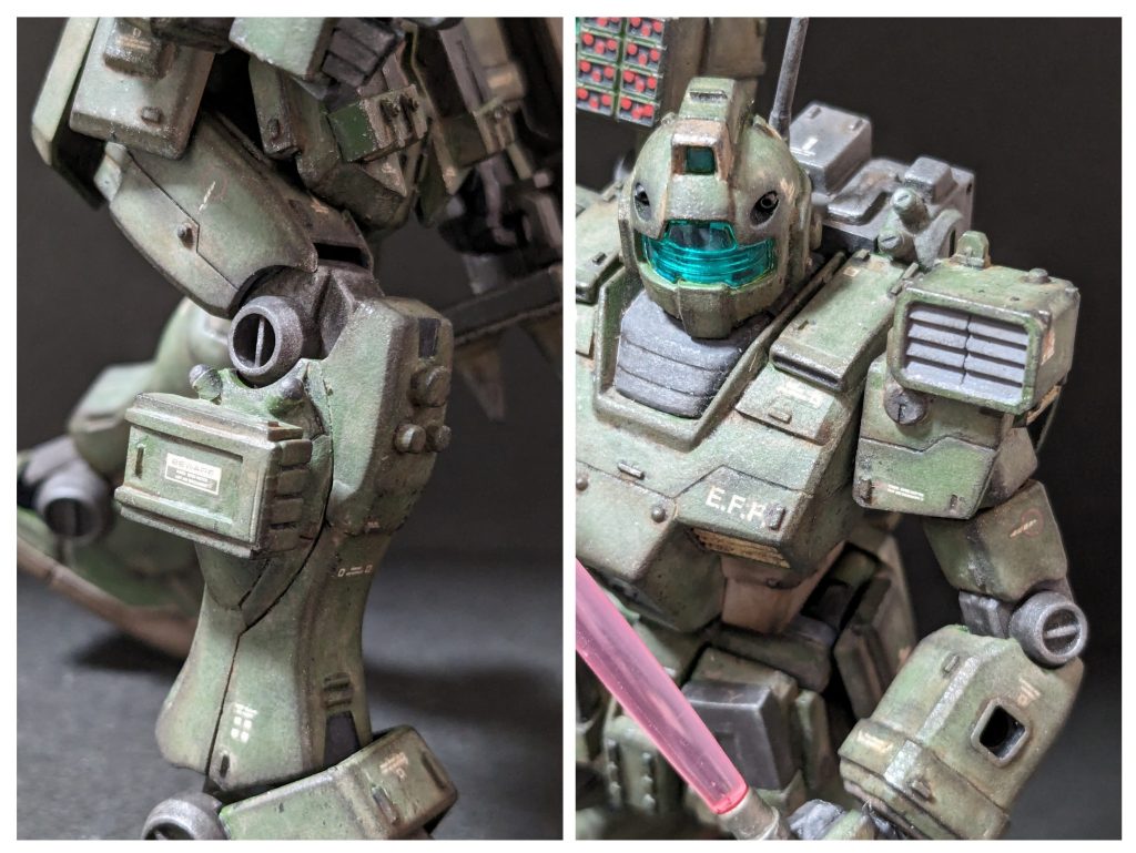 対人を想定してSマインを脚部(分かりにくいですがミサイルポッドの上の突起)に装備ということに。左肩には索敵用に陸自74式戦車(退役しちゃいましたね)よろしくアクティブ型赤外線暗視装置を配置。