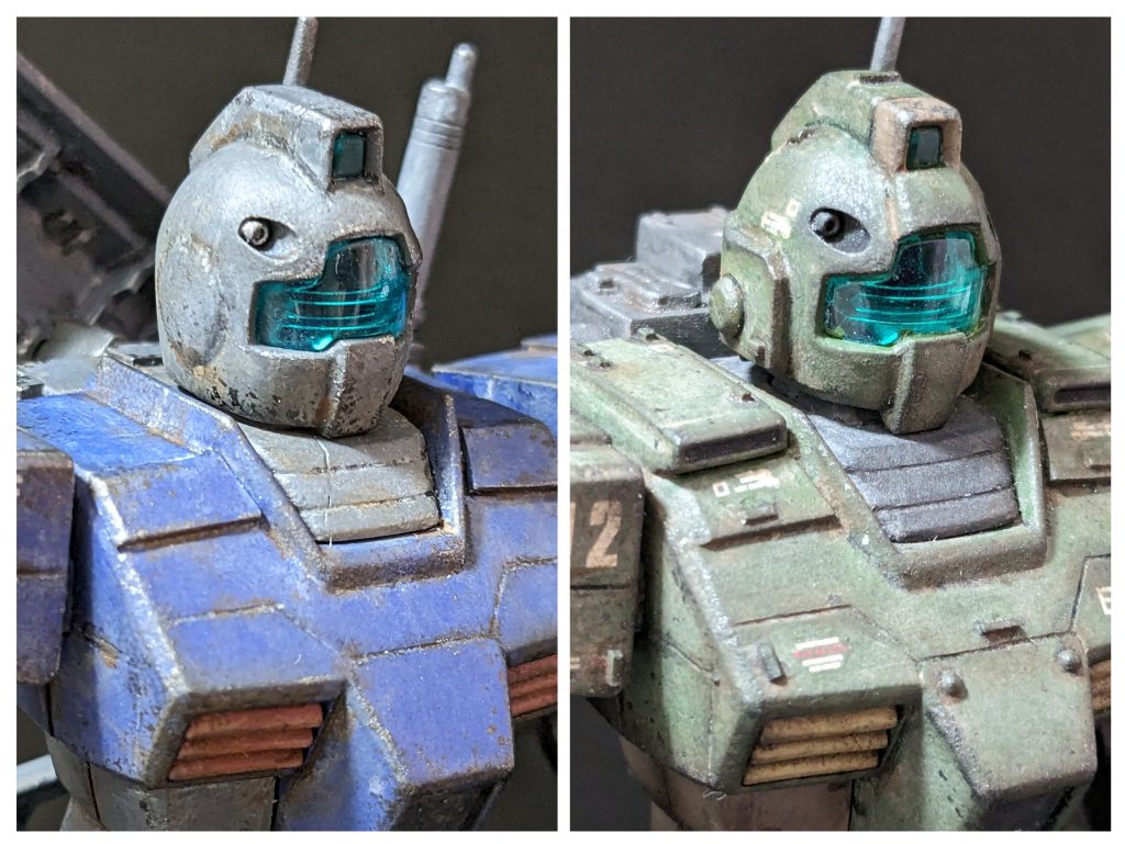 最後に、前回投稿したHGジム(ウェザリング)のリメイクなので比較を。頭部は顎を削って、額を嵩増しして、イヤーパッドを加工。工作の幅が広がった進歩が見られます。