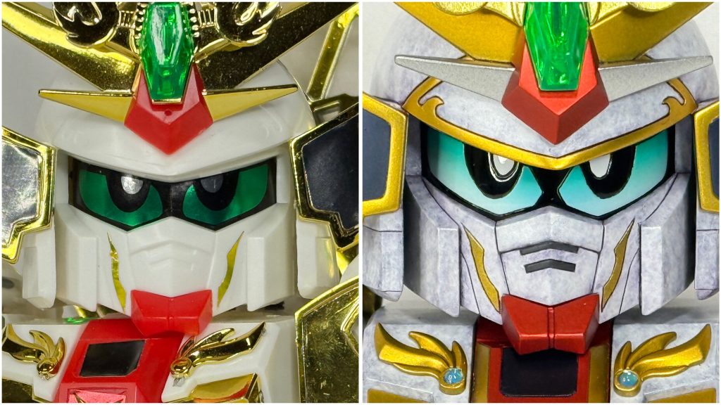 瞳部分は取扱説明書のイラストを参考に描き直しています。　フリーハンドで下書き→スジボリ→マスキング塗装緑部分はグラデーションをかけています。SDガンダムは瞳が命、ということで納得いくまで試行錯誤しています。