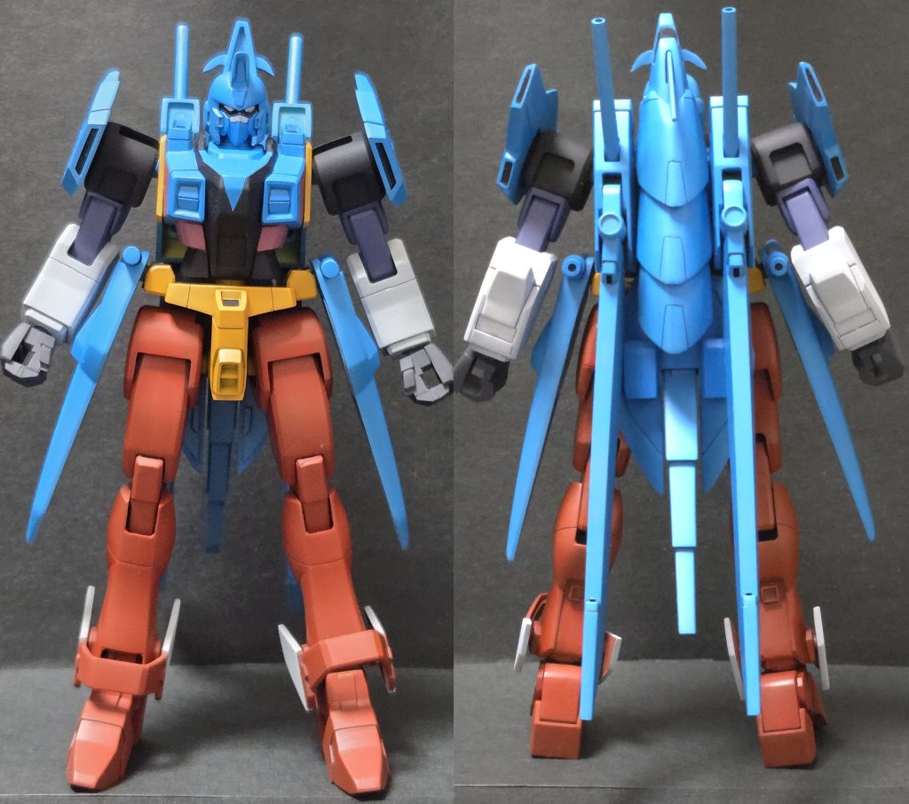 今回は2面図で。改造した箇所と言えば...・下腿三頭筋部にバーニア追加・ドリルとアームに30MMオプションパーツを使用・頭部のバルカン/アンテナ排除、それに伴う形状修正・MA系時の顔?部分にゲッターライガー頭部についている耳?みたいなパーツ追加・リアアーマーにブースター的な自作パーツ追加・胴体側面にゲッターライガーにあるオレンジ部分を再現する為、1mmプラ板で装甲追加・各合わせ目消しとモールド掘り直し・サイドとリアアーマーの裏打ち...ぐらいです。
