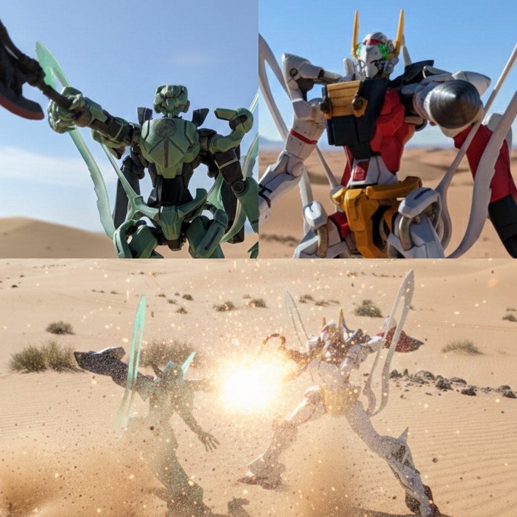 第2章：兄弟機、運命の審判1. 斧と斧の決闘マウロのMxは、帝国の紋章を掲げ、境界線の地上に静かに着地した。ケンの強化新型ガンガルが、地響きを立ててその対面に立つ。移動司令部のモニターに映る両機の姿を、ユリアはカマミヤの手を握りしめて見上げていた。その光景をチムは、自らが設計した二つの運命として、静かに見つめている。「マウロ皇帝、受けてたつ！」ケンの通信が響く。「血統の責務、ここに果たす！」マウロは返す。両機は、互いに用意された武器の中から、互いに斧を選び、一気に距離を詰めた。Mxが放つ斧の一撃は、皇帝としての確信に満ちた、寸分の狂いもない合理的軌道を描いた。ケンは、長年の経験でその斧を躱し、左手のドリルで返す。両機は火花を散らし、大地を砕きながら激しい格闘戦を展開した。