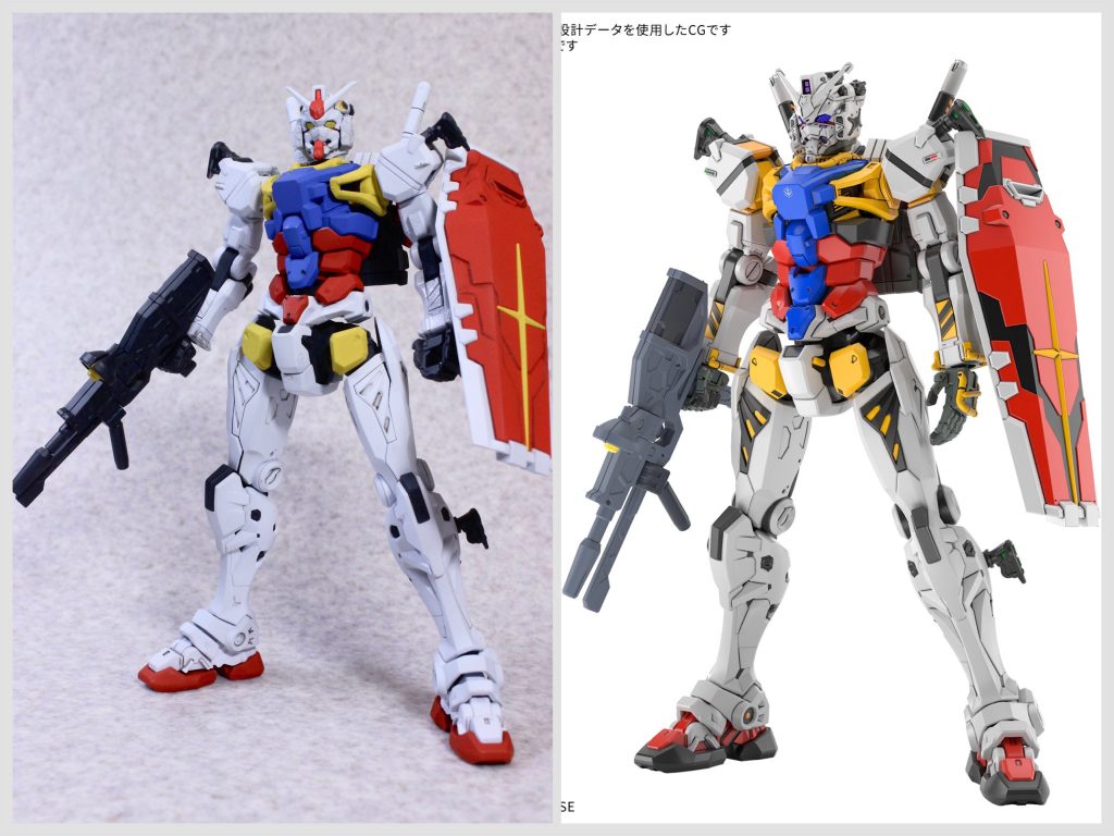 素組み状態の写真撮り忘れた(せっかち)なので公式サイトの商品写真を拝借。頭部、スリッパ周り、前腕、腿、肩アーマー内のイエロー等が分かりやすく違うポイントでしょうか。一番迷ったのはパックパック、GQ版はパックパックが露出したコアファイターそのもので、コアファイター自体も初代と違うカラーリングなので今回グレー一色にするか初代のコアファイターカラー(ほぼ赤一色)にするか迷い日和って結局ここはそのままGQ版コアファイターにしました。