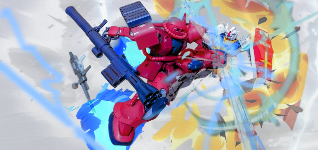 シャーザクといえば、このキックの印象が強く、あえて、背景を白にし、ディテールも削ぎ落とすことで、現実の戦場というよりも「ニュータイプの感応領域」のような、精神的な空間での一瞬の交差を表現しています。&nbsp;無音の衝撃：爆音さえ聞こえない、真っ白に塗りつぶされた視界。その中で唯一、シャアザクの赤い装甲と、ガンダムの放つ光だけが色彩を放つ。『閃光の赤、沈黙の白』なんていうタイトルで、ストーリー展開が浮かぶわけですが、今回は、感情の代理発散という心理学的メカニズムについて、共有します。&nbsp;最近、創作活動において「感情の置き場所」について考えることがあります。日々の生活の中で、私たちは少なからず心理的な負荷やストレスを感じるものです。そのモヤモヤとした感情をどう処理するか。そのまま溜め込むのか、あるいはどこかで直接的に発散してしまうのか。残念ながらSNSの世界では、そのエネルギーが「アンチコメント」などのネガティブな形となって表れてしまう場面を目にすることがあります。ですが、私は「創作」こそが、その感情をポジティブに置き換えるための最高の場所だと信じています。たとえば、今回のシャアザクのポージングや、激しい爆炎、突き刺さるようなスパークのエフェクト。ここには、言葉にできない日々の葛藤や、それを打破したいという力強いエネルギーを込めています。負の感情をそのまま誰かにぶつけるのではなく、作品の中に「熱量」として閉じ込め、昇華させる。そうして出来上がったものが、誰かの目に留まり、共感を生む……。これこそが、物作りをする人間にとっての「感情の代理発散」であり、一番贅沢な心の整え方なのかもしれません。みなさんは、どんな想いを愛機に込めていますか？