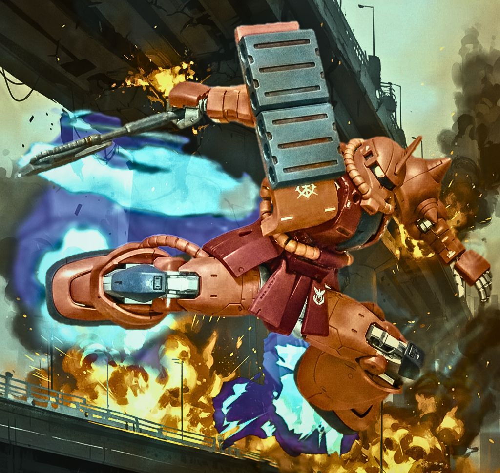 『終わりなき追撃：ハイウェイ・インフェルノ』舞台は、連邦軍の占領下にある湾岸都市。撤退する連邦軍の輸送部隊を追撃するため、シャアは単機でハイウェイへと降り立つ。&nbsp;* 日常を切り裂く「赤」：かつて市民が日常的に利用していた高速道路。その高架下を爆炎が舐め尽くし、平和の象徴だった街並みが黒煙に包まれていく。そこに現れたシャア専用ザクは、逃げ惑う敵にとって、まさに「逃げ場のない悪夢」そのもの。ガードレールを飛び越え、鈍い光を放つモノアイが橋脚の陰に潜んでいた目標を捉えた。