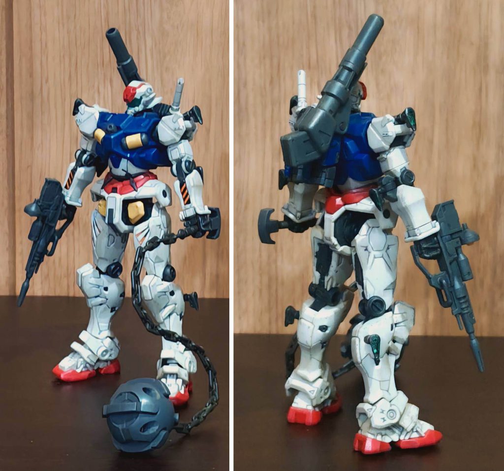 全身像を前後ショットで。基本的に量産型の色違いでしかなく、赤いガンダムのハンマーを追加してるだけですね。そのせいで余剰パーツが結構出てて、ガンダムのビーム・ライフルもある程度まで組み立てられるようです。今回はそこまでやってませんが。