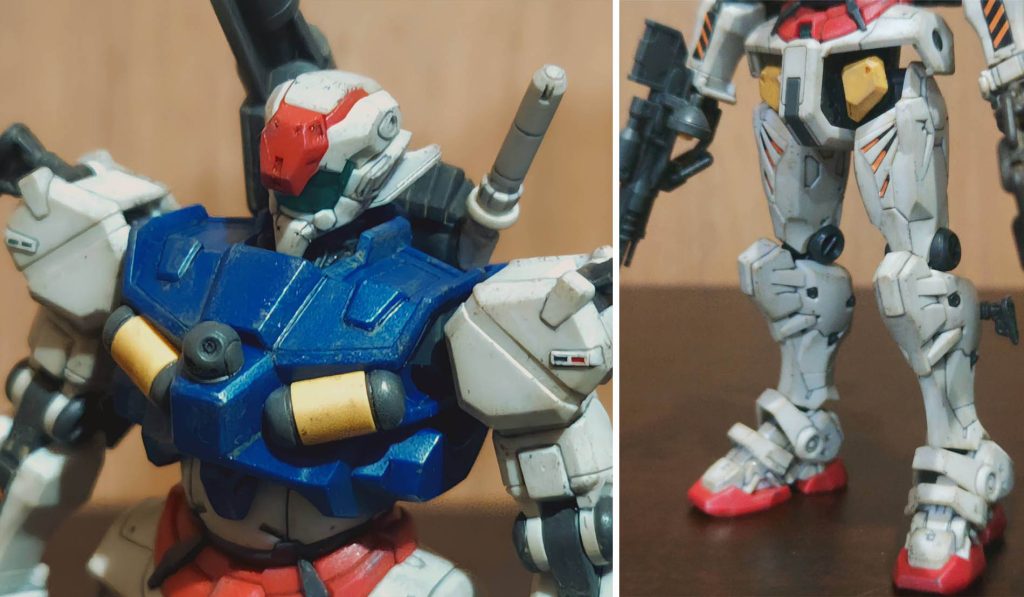 アップで上半身と下半身。これぐらい近くで撮ればウェザリングもわかりやすくなるかな？劇中ではロールアウトしてから2ヶ月前後ぐらいしか戦ってないとは思うのですが、この機体はおそらくそれなりに密度の濃い経験をしたのだと思います。どの程度のウェザリングが適度なのか判別つかなかったので、ほどほどにしておきました。